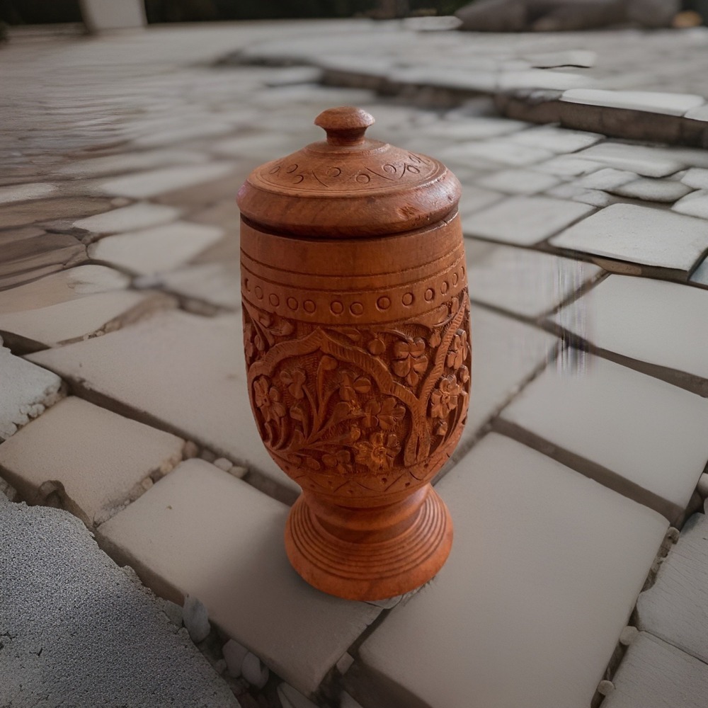 Vintage Hand Carved Wooden Jar India Spice Urn w/Lid